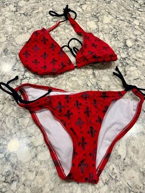 Red Fleur-de-Lis Tie Bikini Set